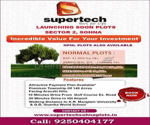 Supertech Sohna Plots 229 Sq.Yds Call @ 9250404177 Sector 2 Sohna